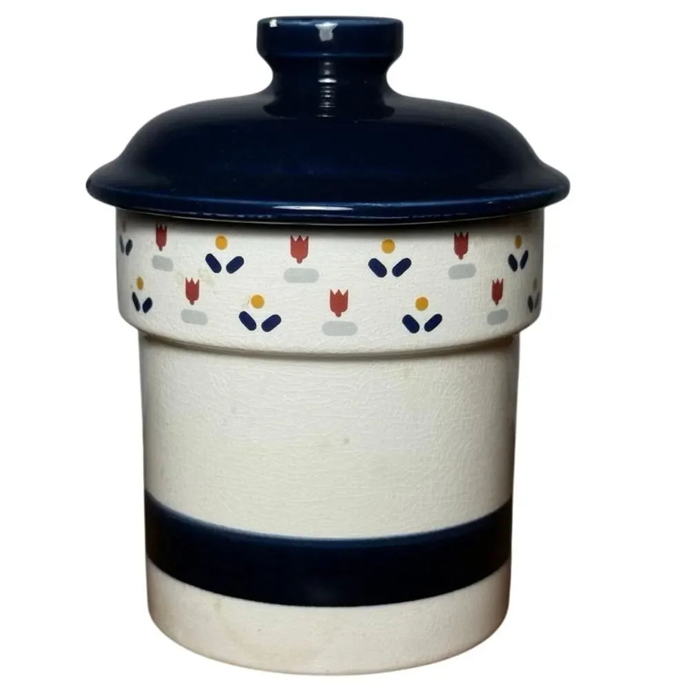 Vintage JCPenney Country Borders Ceramic Canister Blue Tulip Lid Japan 1983